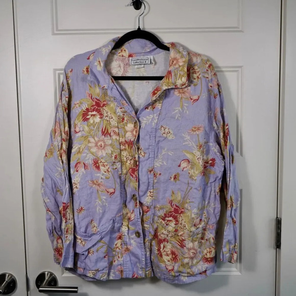 Vtg Carol‎ Anderson Collection Chore Heavy Linen Hooded Floral Jacket Shirt 2X - Picture 1 of 5